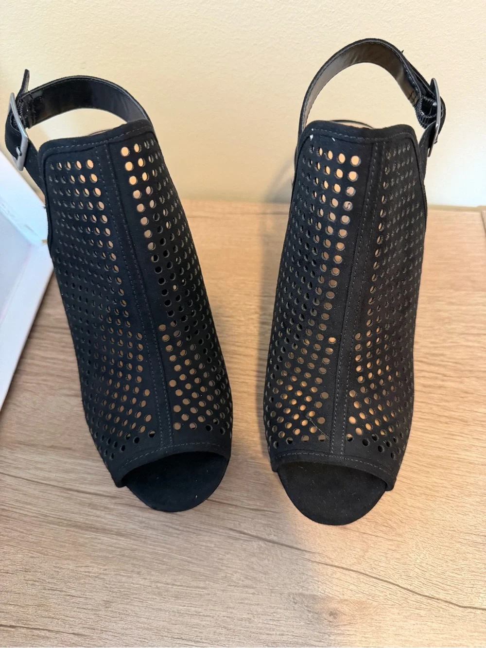 Chinese Laundry Z-Iris Micro Suede Black Perforated Wedge Sandals - Women